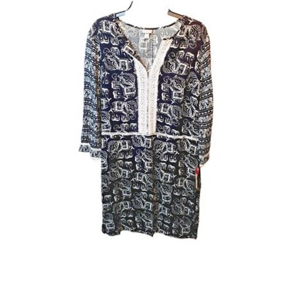 Merona Womens Large Boho Dress Black White Long Sleeves Elephant Batik Lace